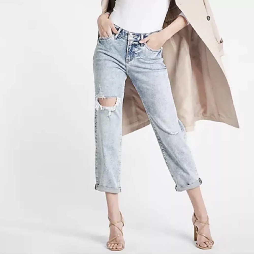 Express Mid Rise Light Wash Ripped Boyfriend Jeans 4